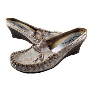 Sam Edelman Women's Metallic Silver Leather Slip On Moccasin Wedge Mule Size 9.5